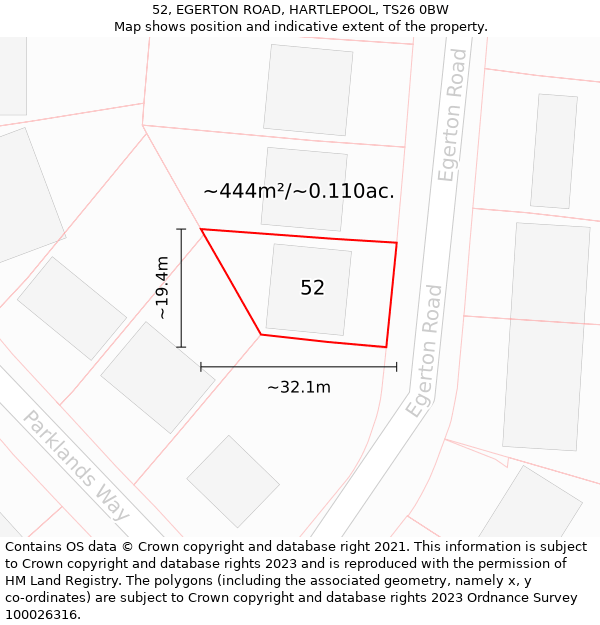 52, EGERTON ROAD, HARTLEPOOL, TS26 0BW: Plot and title map