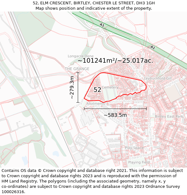 52, ELM CRESCENT, BIRTLEY, CHESTER LE STREET, DH3 1GH: Plot and title map