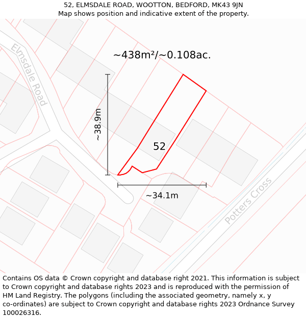 52, ELMSDALE ROAD, WOOTTON, BEDFORD, MK43 9JN: Plot and title map