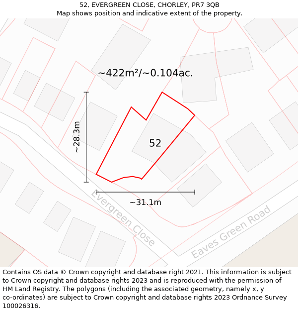 52, EVERGREEN CLOSE, CHORLEY, PR7 3QB: Plot and title map