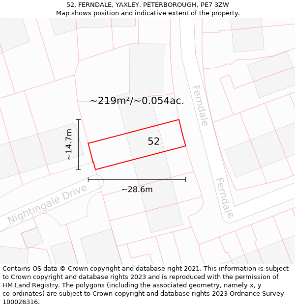 52, FERNDALE, YAXLEY, PETERBOROUGH, PE7 3ZW: Plot and title map