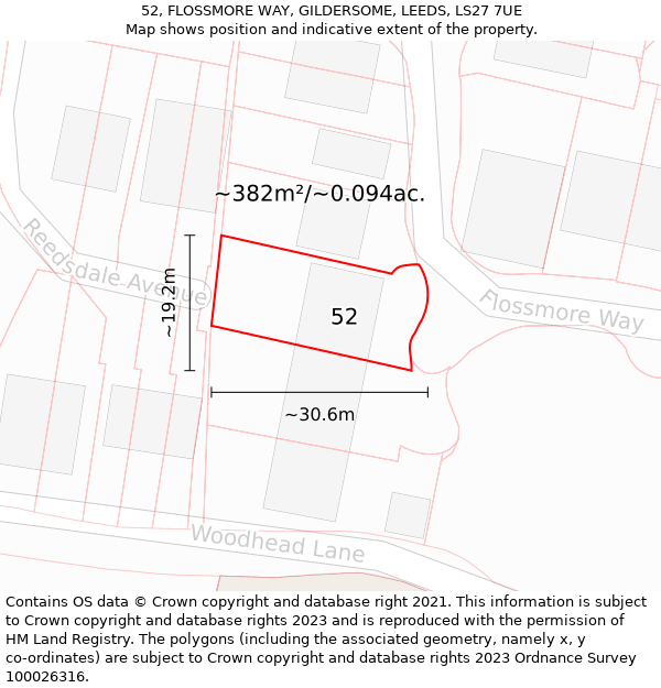 52, FLOSSMORE WAY, GILDERSOME, LEEDS, LS27 7UE: Plot and title map