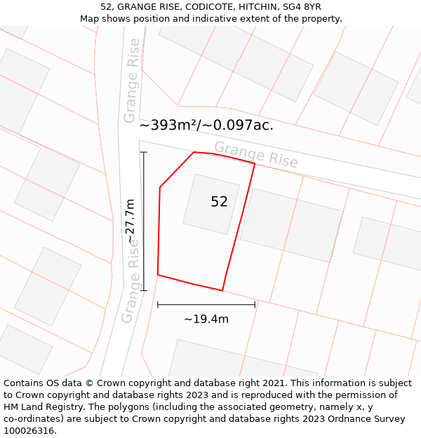 52, GRANGE RISE, CODICOTE, HITCHIN, SG4 8YR: Plot and title map