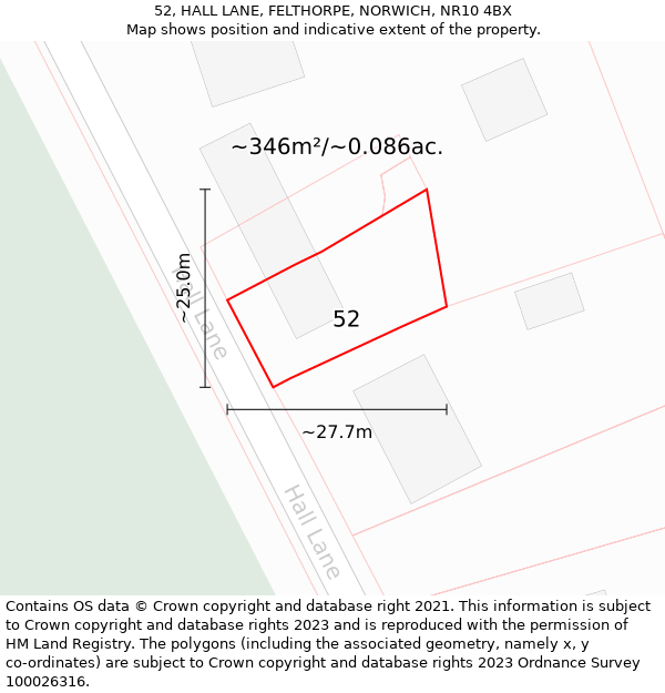 52, HALL LANE, FELTHORPE, NORWICH, NR10 4BX: Plot and title map