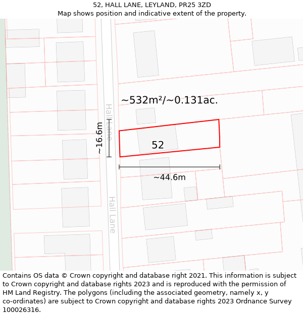 52, HALL LANE, LEYLAND, PR25 3ZD: Plot and title map