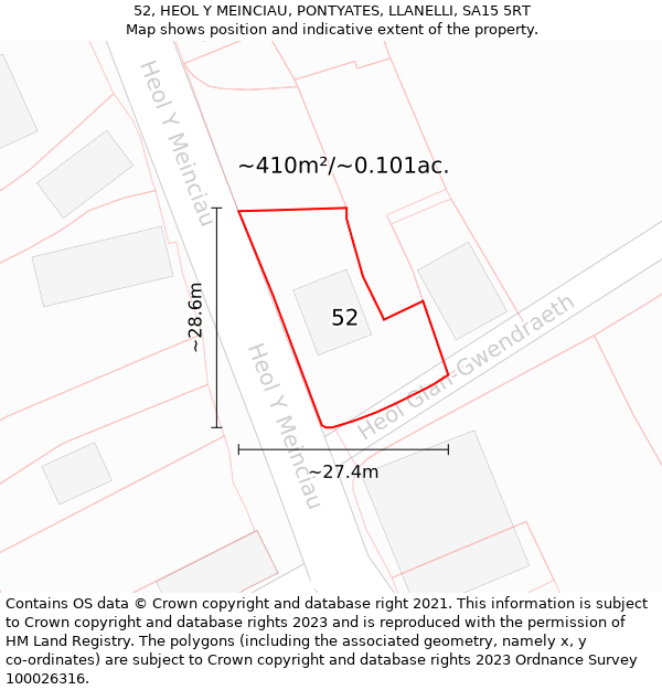 52, HEOL Y MEINCIAU, PONTYATES, LLANELLI, SA15 5RT: Plot and title map