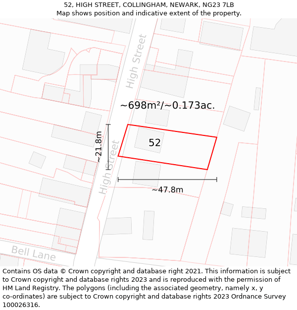52, HIGH STREET, COLLINGHAM, NEWARK, NG23 7LB: Plot and title map