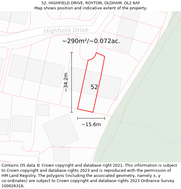 52, HIGHFIELD DRIVE, ROYTON, OLDHAM, OL2 6AF: Plot and title map