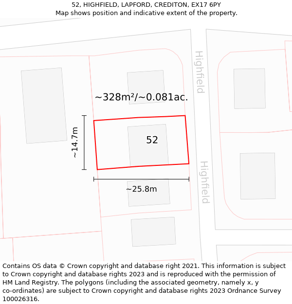 52, HIGHFIELD, LAPFORD, CREDITON, EX17 6PY: Plot and title map