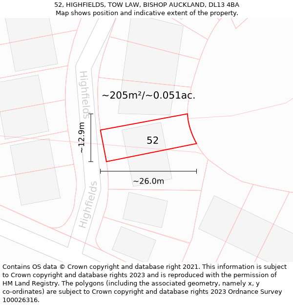 52, HIGHFIELDS, TOW LAW, BISHOP AUCKLAND, DL13 4BA: Plot and title map