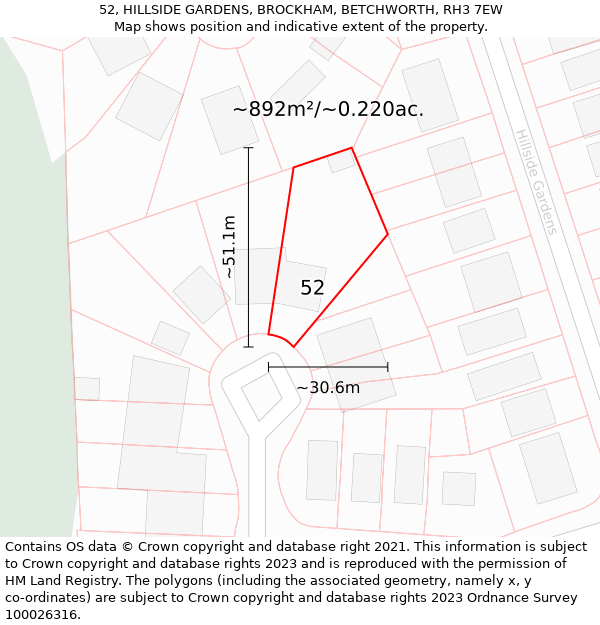 52, HILLSIDE GARDENS, BROCKHAM, BETCHWORTH, RH3 7EW: Plot and title map