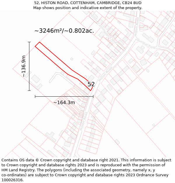 52, HISTON ROAD, COTTENHAM, CAMBRIDGE, CB24 8UD: Plot and title map