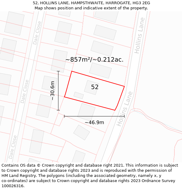 52, HOLLINS LANE, HAMPSTHWAITE, HARROGATE, HG3 2EG: Plot and title map