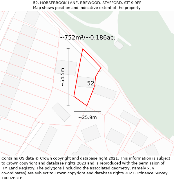 52, HORSEBROOK LANE, BREWOOD, STAFFORD, ST19 9EF: Plot and title map