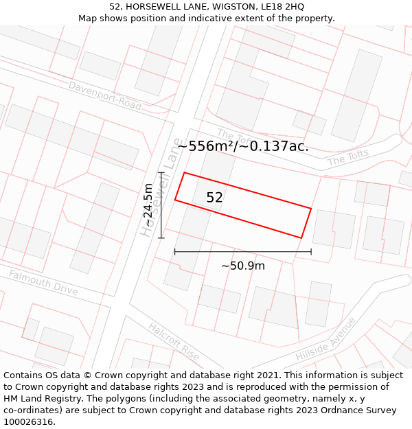 52, HORSEWELL LANE, WIGSTON, LE18 2HQ: Plot and title map