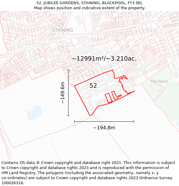 52, JUBILEE GARDENS, STAINING, BLACKPOOL, FY3 0EL: Plot and title map