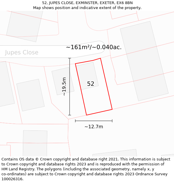 52, JUPES CLOSE, EXMINSTER, EXETER, EX6 8BN: Plot and title map