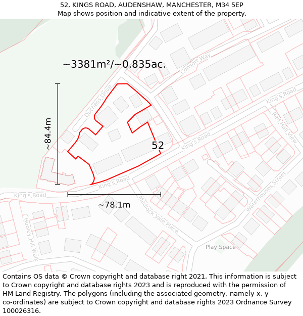 52, KINGS ROAD, AUDENSHAW, MANCHESTER, M34 5EP: Plot and title map