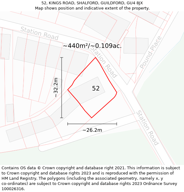 52, KINGS ROAD, SHALFORD, GUILDFORD, GU4 8JX: Plot and title map