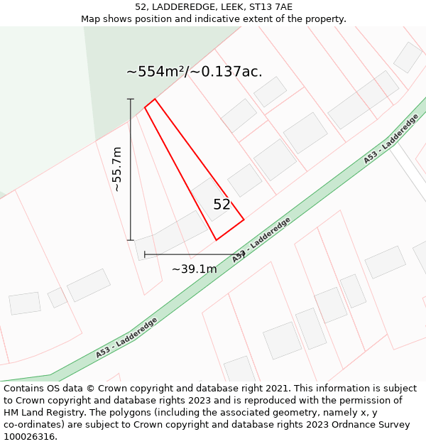 52, LADDEREDGE, LEEK, ST13 7AE: Plot and title map