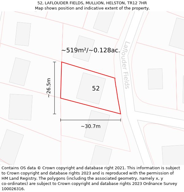 52, LAFLOUDER FIELDS, MULLION, HELSTON, TR12 7HR: Plot and title map