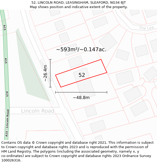 52, LINCOLN ROAD, LEASINGHAM, SLEAFORD, NG34 8JT: Plot and title map