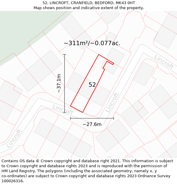 52, LINCROFT, CRANFIELD, BEDFORD, MK43 0HT: Plot and title map