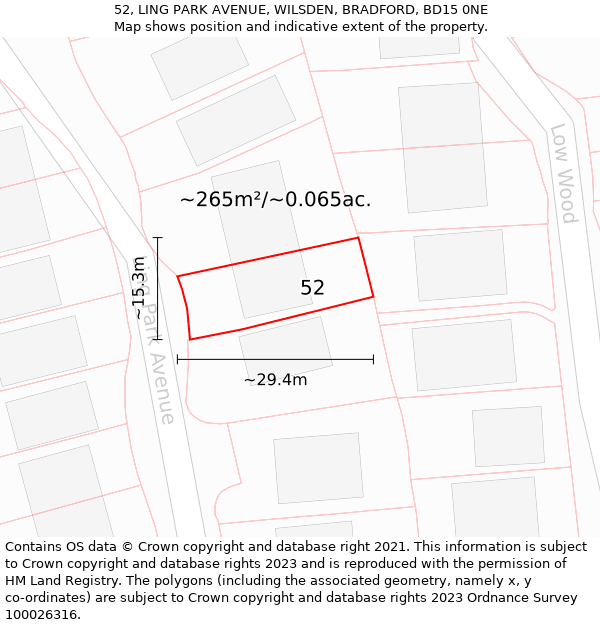 52, LING PARK AVENUE, WILSDEN, BRADFORD, BD15 0NE: Plot and title map