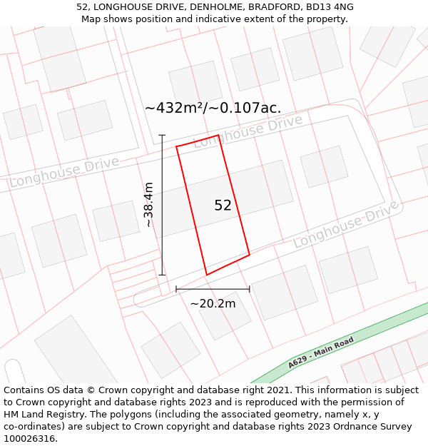 52, LONGHOUSE DRIVE, DENHOLME, BRADFORD, BD13 4NG: Plot and title map