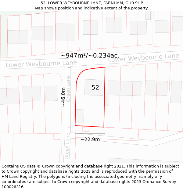 52, LOWER WEYBOURNE LANE, FARNHAM, GU9 9HP: Plot and title map