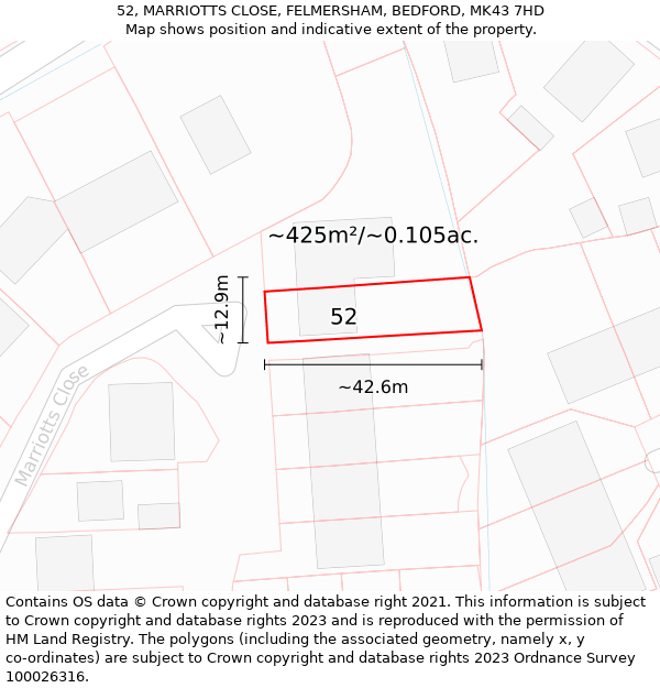 52, MARRIOTTS CLOSE, FELMERSHAM, BEDFORD, MK43 7HD: Plot and title map