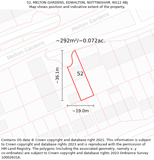 52, MELTON GARDENS, EDWALTON, NOTTINGHAM, NG12 4BJ: Plot and title map