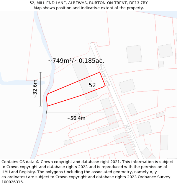 52, MILL END LANE, ALREWAS, BURTON-ON-TRENT, DE13 7BY: Plot and title map