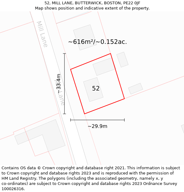 52, MILL LANE, BUTTERWICK, BOSTON, PE22 0JF: Plot and title map