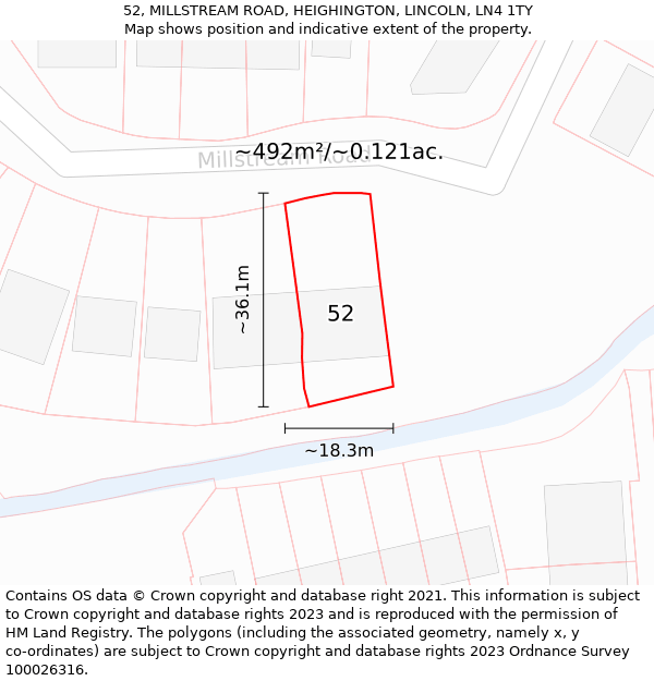 52, MILLSTREAM ROAD, HEIGHINGTON, LINCOLN, LN4 1TY: Plot and title map