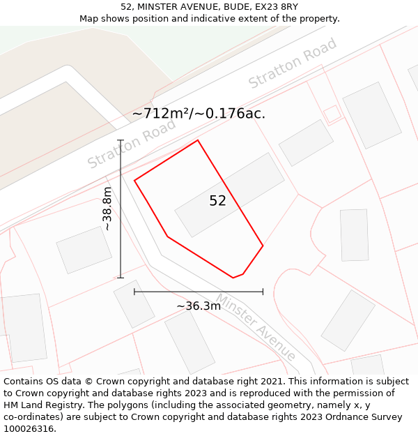 52, MINSTER AVENUE, BUDE, EX23 8RY: Plot and title map