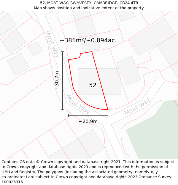 52, MOAT WAY, SWAVESEY, CAMBRIDGE, CB24 4TR: Plot and title map