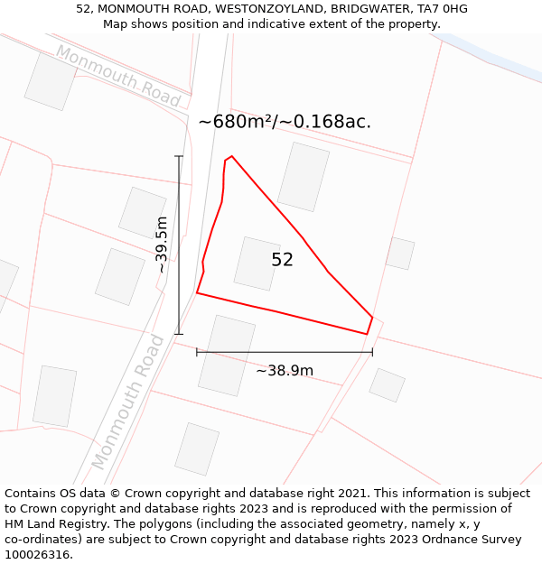 52, MONMOUTH ROAD, WESTONZOYLAND, BRIDGWATER, TA7 0HG: Plot and title map