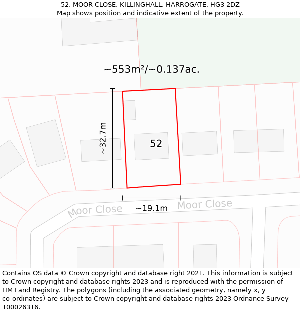 52, MOOR CLOSE, KILLINGHALL, HARROGATE, HG3 2DZ: Plot and title map