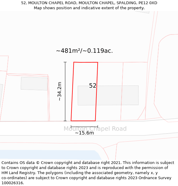 52, MOULTON CHAPEL ROAD, MOULTON CHAPEL, SPALDING, PE12 0XD: Plot and title map