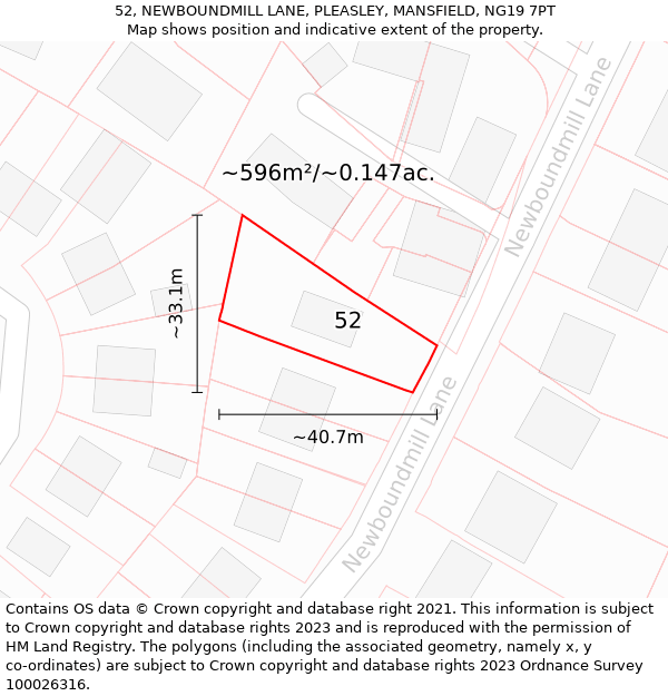 52, NEWBOUNDMILL LANE, PLEASLEY, MANSFIELD, NG19 7PT: Plot and title map