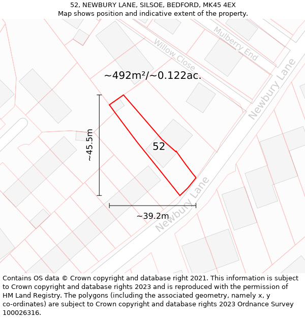 52, NEWBURY LANE, SILSOE, BEDFORD, MK45 4EX: Plot and title map