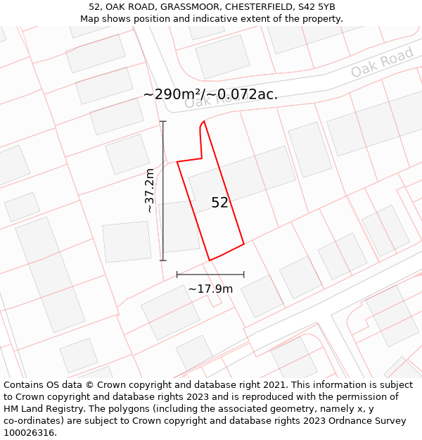 52, OAK ROAD, GRASSMOOR, CHESTERFIELD, S42 5YB: Plot and title map