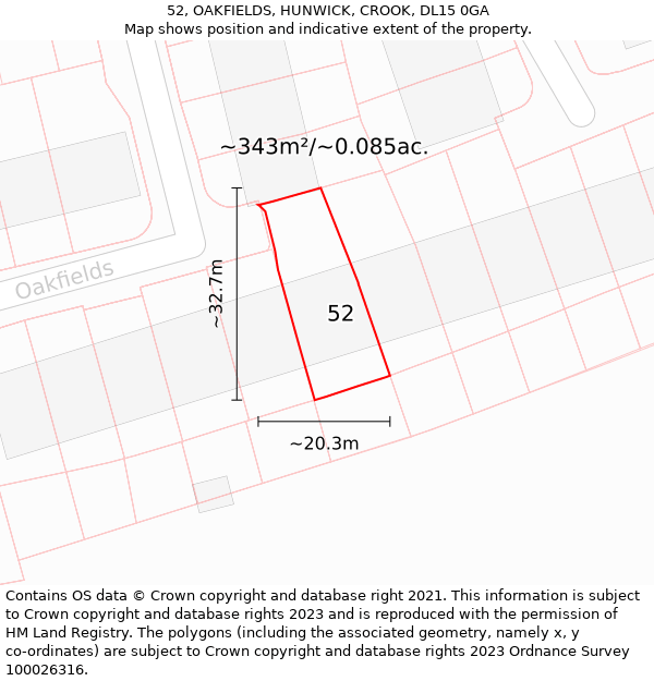 52, OAKFIELDS, HUNWICK, CROOK, DL15 0GA: Plot and title map