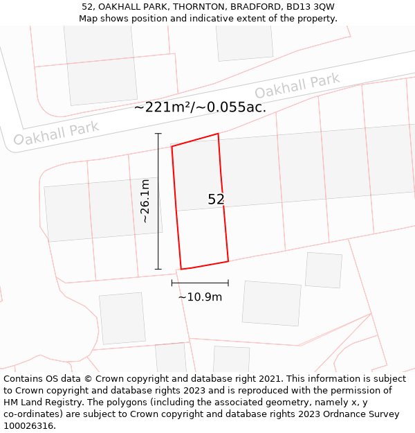 52, OAKHALL PARK, THORNTON, BRADFORD, BD13 3QW: Plot and title map