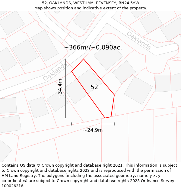 52, OAKLANDS, WESTHAM, PEVENSEY, BN24 5AW: Plot and title map