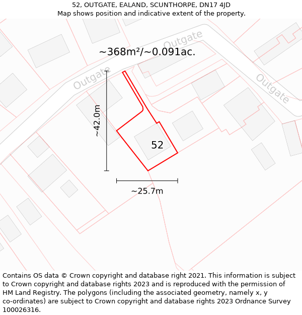 52, OUTGATE, EALAND, SCUNTHORPE, DN17 4JD: Plot and title map