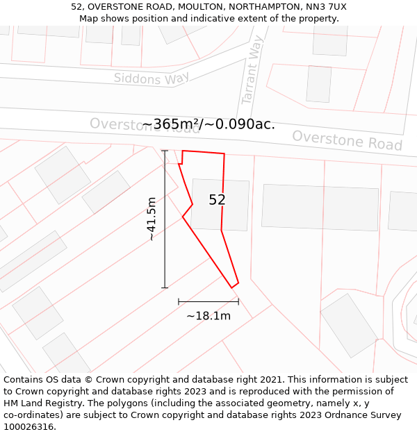 52, OVERSTONE ROAD, MOULTON, NORTHAMPTON, NN3 7UX: Plot and title map