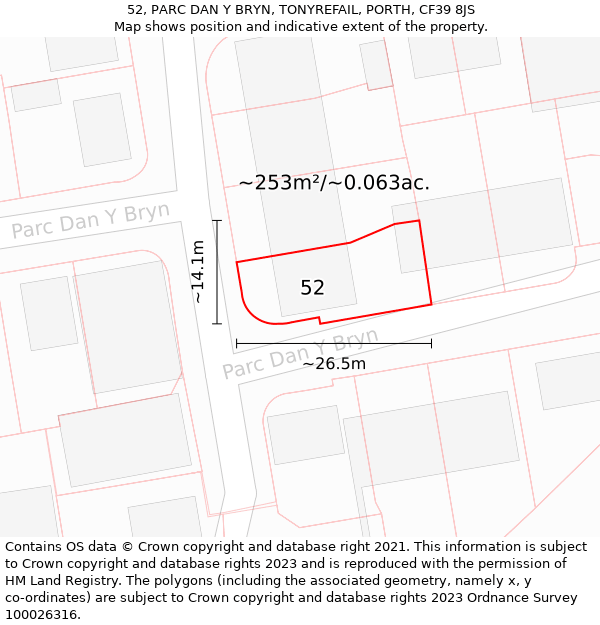 52, PARC DAN Y BRYN, TONYREFAIL, PORTH, CF39 8JS: Plot and title map