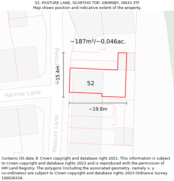 52, PASTURE LANE, SCARTHO TOP, GRIMSBY, DN33 3TF: Plot and title map